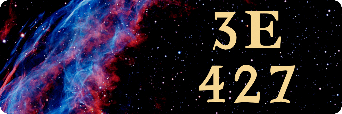 Stars with a blue, purple, and pink nebula on the left and the text "3E427" on the right.
